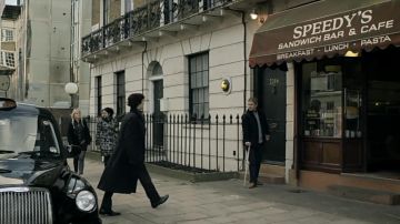 The "221 B" on the door of Sherlock Holmes (Benedict Cumberbatch) on Baker Street in Sherlock