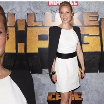 The Dress cape short black and white GIVENCHY Two tone cape-effect crepe mini dress Lucy Liu on his account Instagram