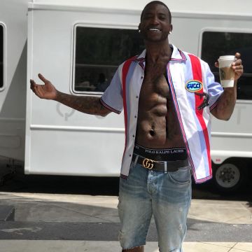 The shirt of bowling tape blue bench red from Gucci Mane on his account Instagram