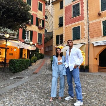 Kourtney Kardashian sky blue trousers on Younes Bendjima Instagram