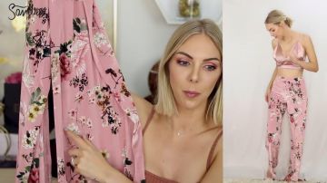 Wide legged pants in fluid velvet pink flowers Pretty Little Things by Sandrea in his YouTube video "❥ I test Pretty Little Things..."