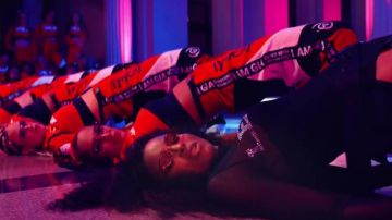 The Electra red pants by I Am Gia worn by the Request Dance Crew dancers in Ciara's "Level Up" video clip