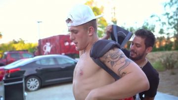 The white cap of Jake Paul in the YouTube video MY NEW FIRE EXTINGUISHER JETPACK!!