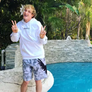 The swim shorts gray geometric shapes, Maverick, Logan Paul, near the pool on Instagram