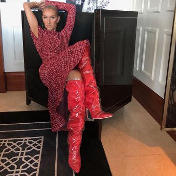 Boots red satin and PVC Off White c/o Jimmy Choo, Elizabeth Celine Dion on Instagram