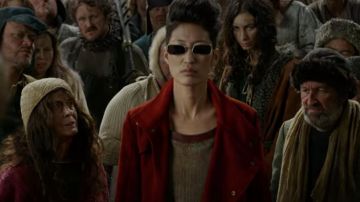 Major Chen (Yoson An) red tailored coat in Mortal Engines