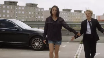 Denim mini short worn by Audrey (Mila Kunis) in The Spy Who Dumped Me