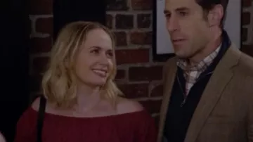 Caitlin Miller (Tessa Albertson) rasberry off-the-shoulder blouse in Younger S05E10