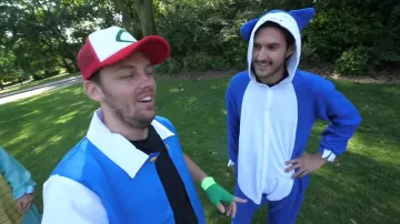 The red cap and white worn by Peter Croce in his video "Hunting Pokémon with rugby players"