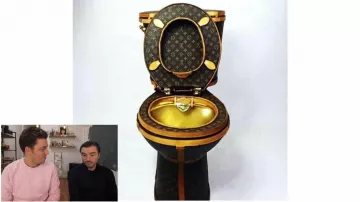 The toilet in brown and gold Louis Vuitton LV views in the video "these people who have too much money" of Peter Croce