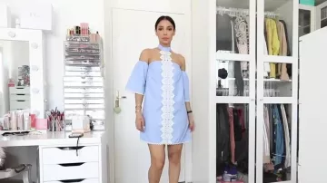 The right dress blue with lace, Pretty Little Thing worn by Sananas in STUFF AND HAUL : I robbed PrettyLittleThing !