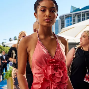 The pink dress and Gucci x Jason Bolden of Yara Shahidi during the Emmy Awards, 2018