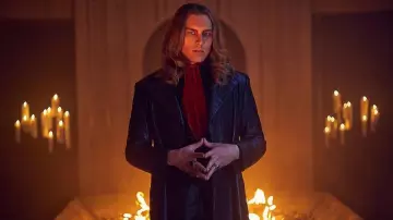 Michael Langdon's (Cody Fern) long leather coat as seen in American Horror Story Apocalypse (S08)