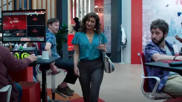 Stella McCartney Falabella reversible striped canvas and faux suede tote worn by Emet (Sarayu Blue) as seen in I Feel Bad S01E02