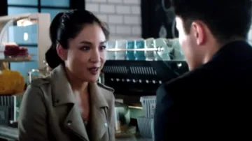 The leather jacket style Biker jacket by Rachel Chu (Constance Wu) in Crazy Rich Asians