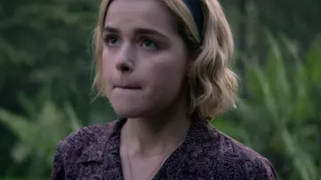 Purple Paisley Short Sleeve Button Up worn by Sabrina Spellman (Kiernan Shipka) as seen in Chilling Adventures of Sabrina S01E03