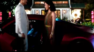 The printed dress by Rachel Chu (Constance Wu) in Crazy Rich Asians