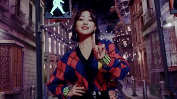 V-neck argyle cardigan worn by JIHYO in video clip by TWICE "YES or YES" M/V