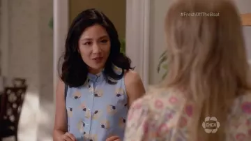 Tucker The Sleeveless Henley Top in Powder Blue Fans worn by Jessica Huang (Constance Wu) as seen in Fresh Off the Boat S04E12
