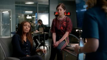 Sandro Ribbed Knit-Trimmed Printed Scuba-Knit Top worn by Cable McCrory (Annabelle Attanasio) as seen in Bull S02E20