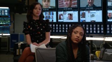 Sandro Ruffle Trim Tattoo Print Silk Black Dress worn by Cable McCrory (Annabelle Attanasio) as seen in Bull S02E22