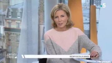 The sweater pink and gray Claire Chazal in free Entry to the 22/11/2018