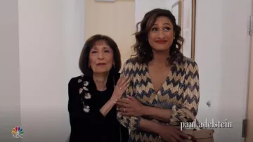 Alice + Olivia Katina Metallic Stripe Midi Dress worn by Emet (Sarayu Blue) as seen in I Feel Bad S01E09