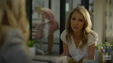 Club Monaco Lannah Wrap Cap Sleeve White Top worn by Veronica Newell (Juno Temple) in Dirty John S01E03