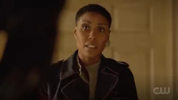 The trench coat navy blue Lisa Perry worn by Lynn Pierce (Christine Adams) in Black Lightning S02E09