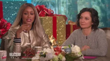 Aqua Metallic Faux Leather Bomber Jacket worn by Eve on The Talk December 13, 2018