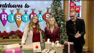 FiveSeventyFive Floral Satin Wrap Dress worn by Kelly Ripa in LIVE with Kelly and Ryan