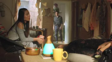 El difusor de aceites esenciales en forma de decantador de madera y color claro en YOU S01E06