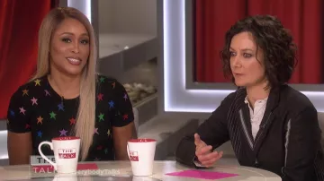 Alice + Olivia Hayden Short Sleeve Fitted Star Jacquard Dress worn by Eve on The Talk Jan 7, 2019