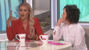 Maison Labiche White bad Girl Cotton Twill Button worn by Sara Gilbert on The Talk Jan 11, 2019