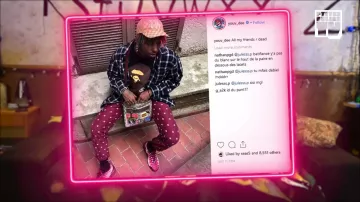 Le pantalon à imprimé logos Champion de Youv Dee dans sa vidéo Bail 2 Sneakers