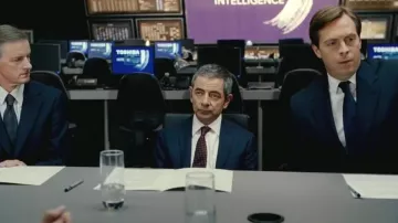 Toshiba TV Monitor in background of Johnny English (Rowan Atkinson) as seen in Johnny English Reborn