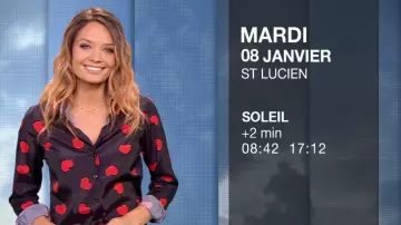 La chemise à motif cœur de Gennifer Demey dans Météo (m6) du 07/01/2019