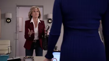 Veronica Beard Miller double breasted red jacket worn by Grace Hanson (Jane Fonda) in Grace and Frankie S05E03