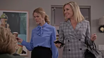 Diane von Furstenberg Blue High Neck Long Sleeve Silk Bow Blouse worn by Mallory Hanson (Brooklyn Decker) in Grace and Frankie S05E03