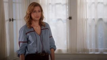 Joie Marlen embroidered cotton-chambray blouse by JOIE worn by Lena (Jenna Fischer) in Splitting Up Together (S02E08)