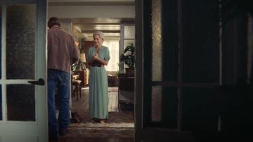 Jean's (Gillian Anderson) mint v neck dress as seen in Sex Education S01E04