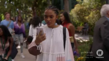 Pleated color block crepe blouse worn by Zoey Johnson (Yara Shahidi) in grown-ish (S02E03)