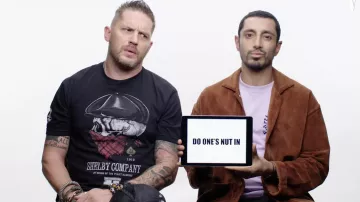 "Shelby Company" Peaky Blinders T-shirt worn by Tom Hardy on Tom Hardy and Riz Ahmed Teach You British Slang video by Vanity Fair
