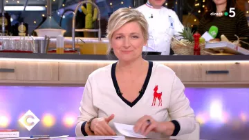 Le pull col V biche de Anne-Élisabeth Lemoine dans C à vous du 31/01/2019