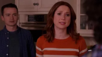 Modcloth Charter School Pullover Sweater in Striped Orange worn by Kimmy Schmidt (Ellie Kemper) in Unbreakable Kimmy Schmidt (S04E08)