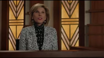 Carolina Herrera Splatter-Print Peplum Jacket, White/Black worn by Diane Lockhart (Christine Baranski) in The Good Fight (S02E02)