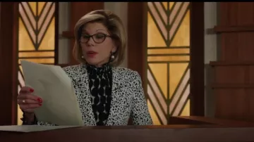Akris Punto Smocked Punto Dot Lace Silk Blouse worn by Diane Lockhart (Christine Baranski) in The Good Fight (S02E02)