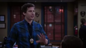 J.Crew Slim Secret Wash Shirt in Heather Poplin Plaid in Hthr Green worn by Jake Peralta (Andy Samberg) in Brooklyn Nine-Nine (S04E04)
