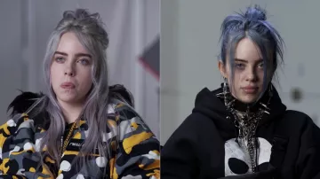 sword earrings worn by Billie Eilish in Billie Eilish: Same Interview, One Year Apart video from Vanity Fair