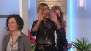 Victoria Beckham Side Tie Metallic Fireworks Jacquard Mini Skirt worn by Eve on The Talk February 6, 2019